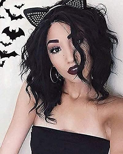 PINKSHOW Short Black Lace Front Wig Bob Curly Wigs Shoulder Length Natural Hairline Synthetic Daily Wear Glueless Wigs for Fashion Women (14 Inch, Natural Black)