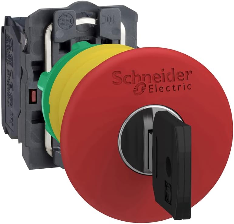 Schneider Electric Harmony, Emergency stop switching off, plastic, red mushroom Ø40, Ø22 trigger latching key release, 1 NO + 1 NC, XB5AS9445