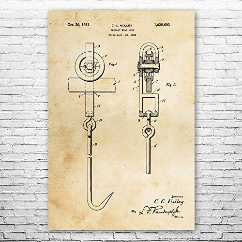 Trolley Meat Hook Poster Print, Butcher Gift, Butchers Shop Art, Meat Lover Gifts, Delicatessen, Deli Wall Art Vintage Paper (8 inch x 10 inch)