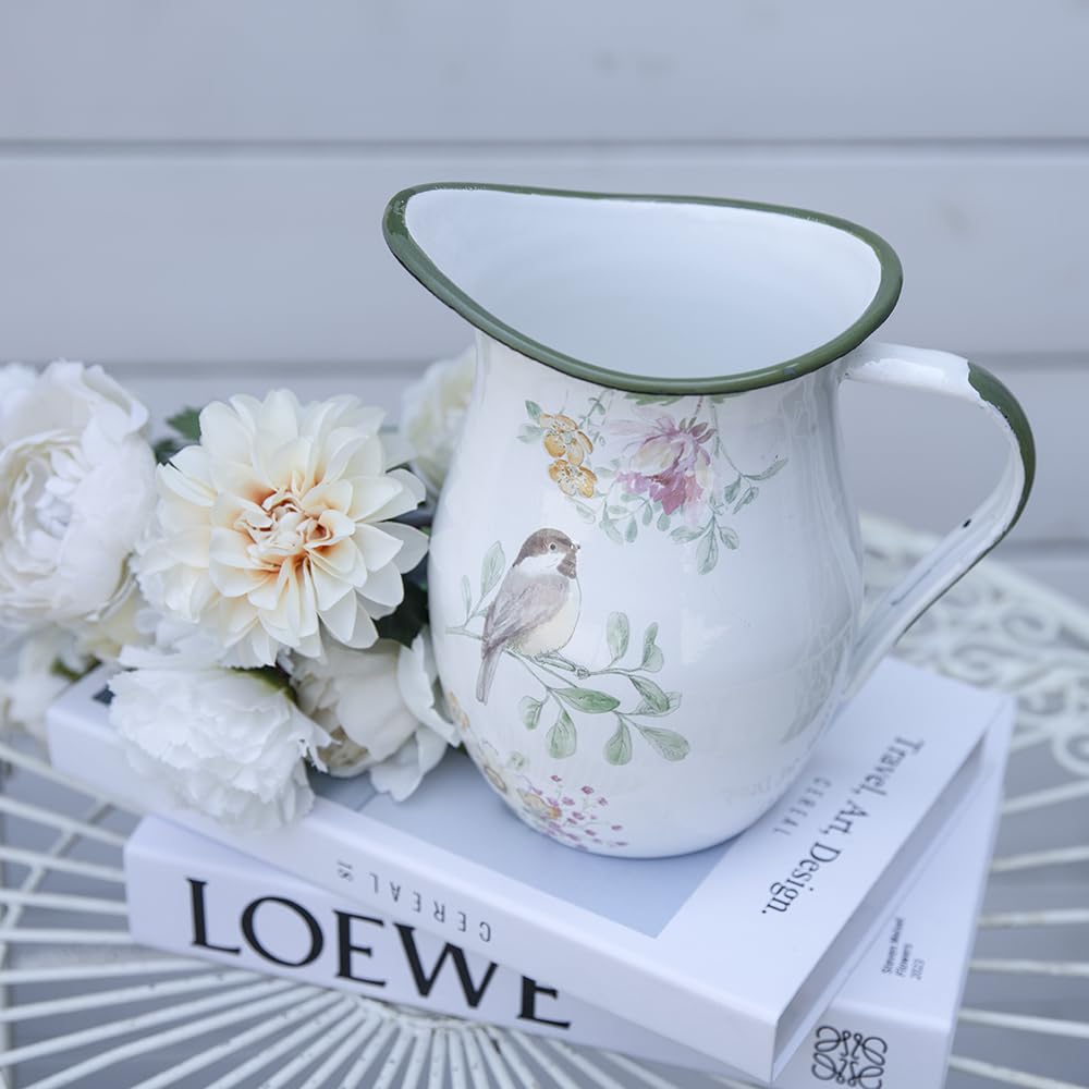 ALL CHIC Enamel Milk Jug Vase for Flowers - White Decorative Bird