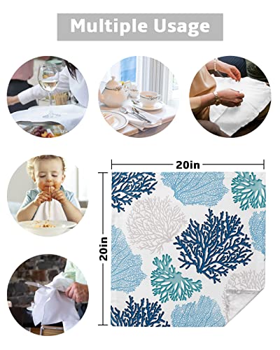 Ocean Blue Coral Dinner Napkins Cloth Set Of 8 Polyester Napkins 20 X 20 Inch, Sea Teal Retro Beach Nautical Marine Washable And Reusable Table Napkins For Wedding Cocktail Hotel #TOP4
