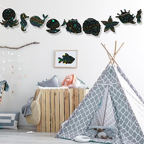 64 Blätter Meerestiere Kratzbilder für Kinder Kratzpapier Regenbogen Scratch Art mit Holzstiften Seile DIY Meerestiere Zeichnen Basteln Kindergeburtstag für Party Mitgebsel Geburtstag Unterwasserwelt