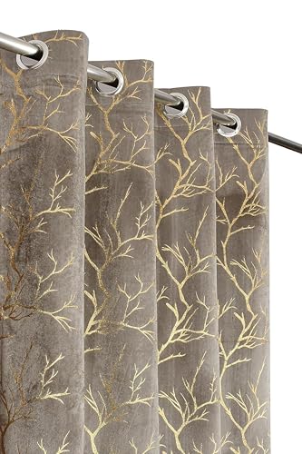 Galaxy Home Decor Premium Foil Leaf Print Velvet Fabric Curtains for Window 5 Feet, Pack of 2, Grey