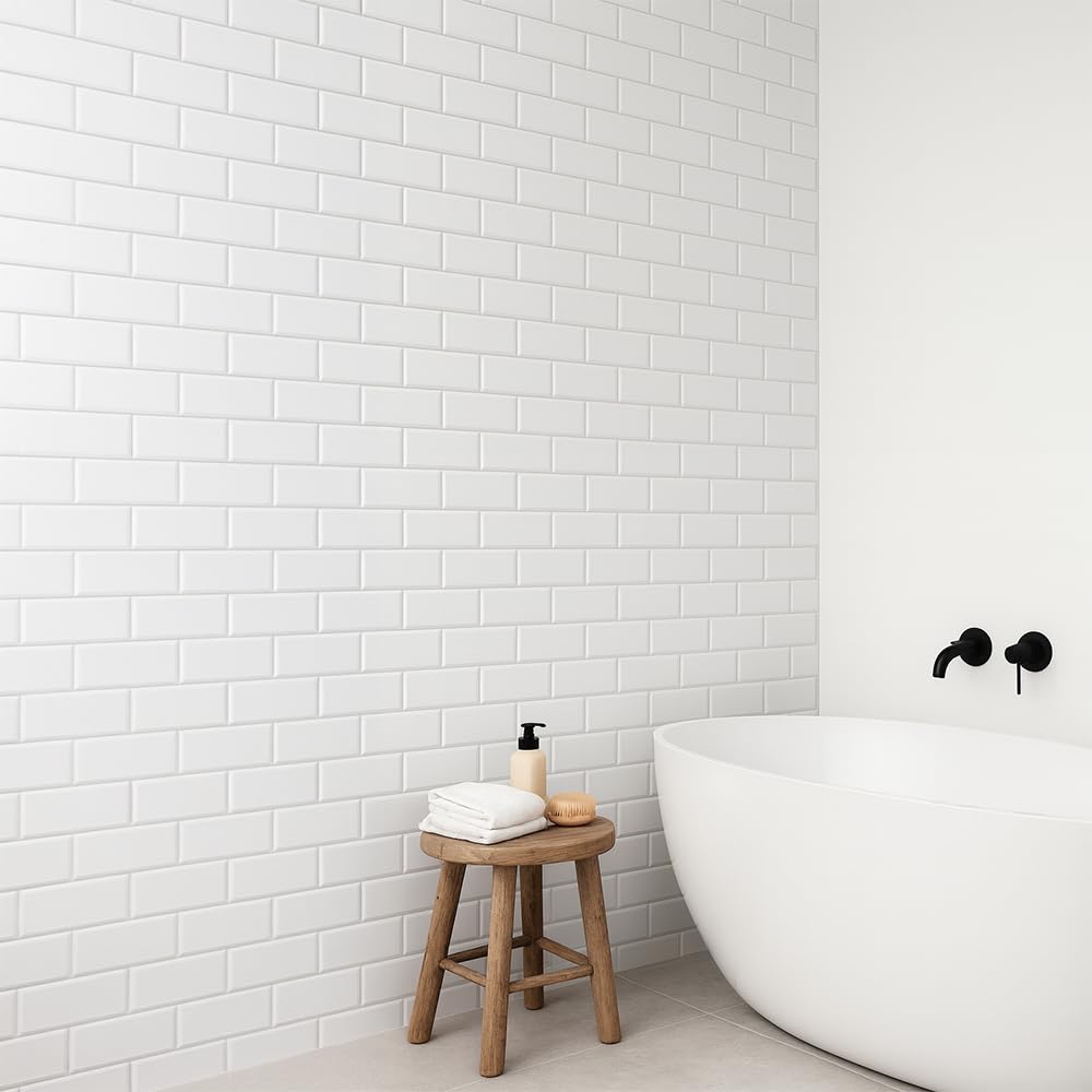 Shower Panel X2 Panels 100% Waterproof 1000mm Wide x 2400mm Tall Wet Wall Bathroom Cladding PVC 10mm Thick (1m) (White Metro Tile (Gloss)