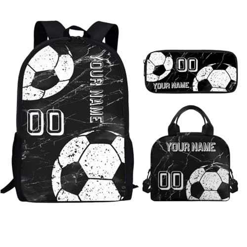 Personalized School Bookbag Set for Boys, Soccer School Backpack with Lunch Box Pencil Case, Marbled 3 Pack School Bag Set for Elementary Junior School, Customize Your Text Name Logo