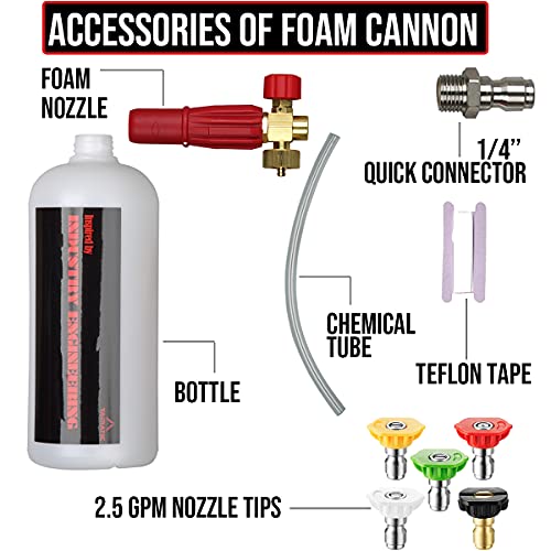 Yamatic Heavy Duty Foam Cannon Professional Car Wash Pressure Washer Jet Wash 1/4" Quick Connect Adjustable Snow Foam Lance With 5 Nozzle Tips #TOP5