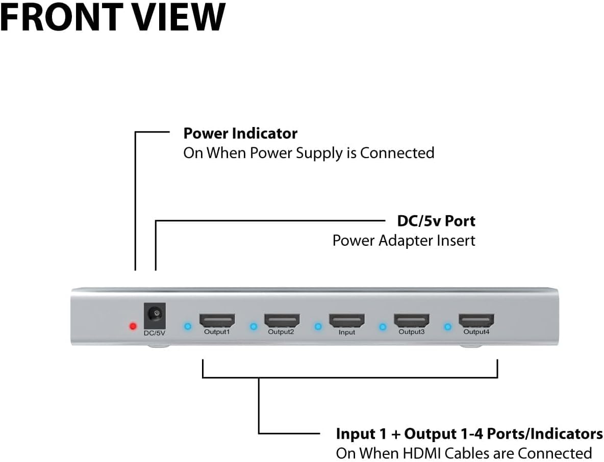 1x4 HDMI Splitter | UHD 8K@60Hz/ 4K@120Hz | HDMI 2.0, HDCP 2.2 | 4 Port | 1 in - 4 Out |