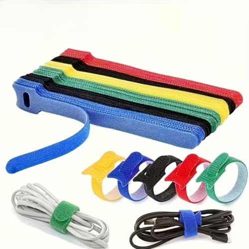 Conjunto de 50 correas de almacenamiento de nylon, bridas reutilizables, correas de gestión de cables de microfibra con gancho y bucle en colores surtidos