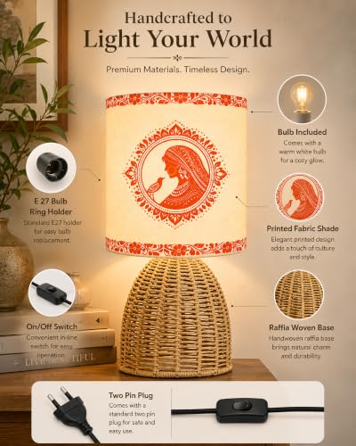 Image of Homesake Handwoven Rattan Table Lamp with Aipan Art Printed Fabric Shade, Decorative Raffia Oval Bedside Lamp, Boho Cane Table Lamp with E27 Holder, Living Room & Bedroom Home Decor