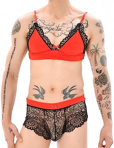 FEOYA Feminine Underwear for Men Sissy Lingerie Set 3 Piece Floral Lace Bra And Panty Stockings For Crossdressers2