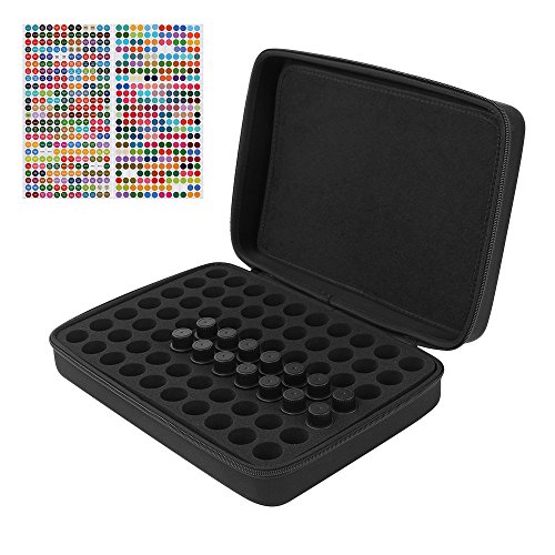 Essential Oils Storage for 70 Bottles + 6 Pieces Labels, Carrying Case Organizer Holds for Young Living, for Plant Therapy and for Doterra Containers - Fits 5,10 & 15 ml - Black
