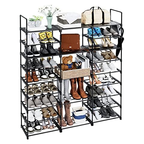 Semounva 9 Tier Shoe Rack Shoe Storage Organizer Large Shoe Shelf for Entryway with Side Hooks, 50-55 Pairs Metal Shoe Racks Shoe and Boots Shelf for Closet Cover