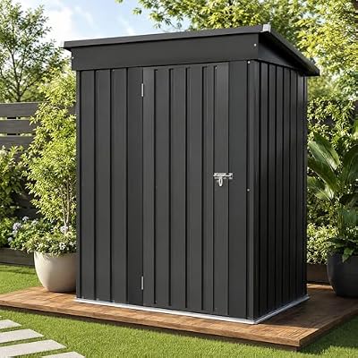 EASYHAWK 5x3 FT Outdoor Storage Shed, Metal Tool Shed with Sloping Roof and Lockable Door, Waterproof Garden Shed for Backyard, Patio, Lawn and Outdoor Storage, Black