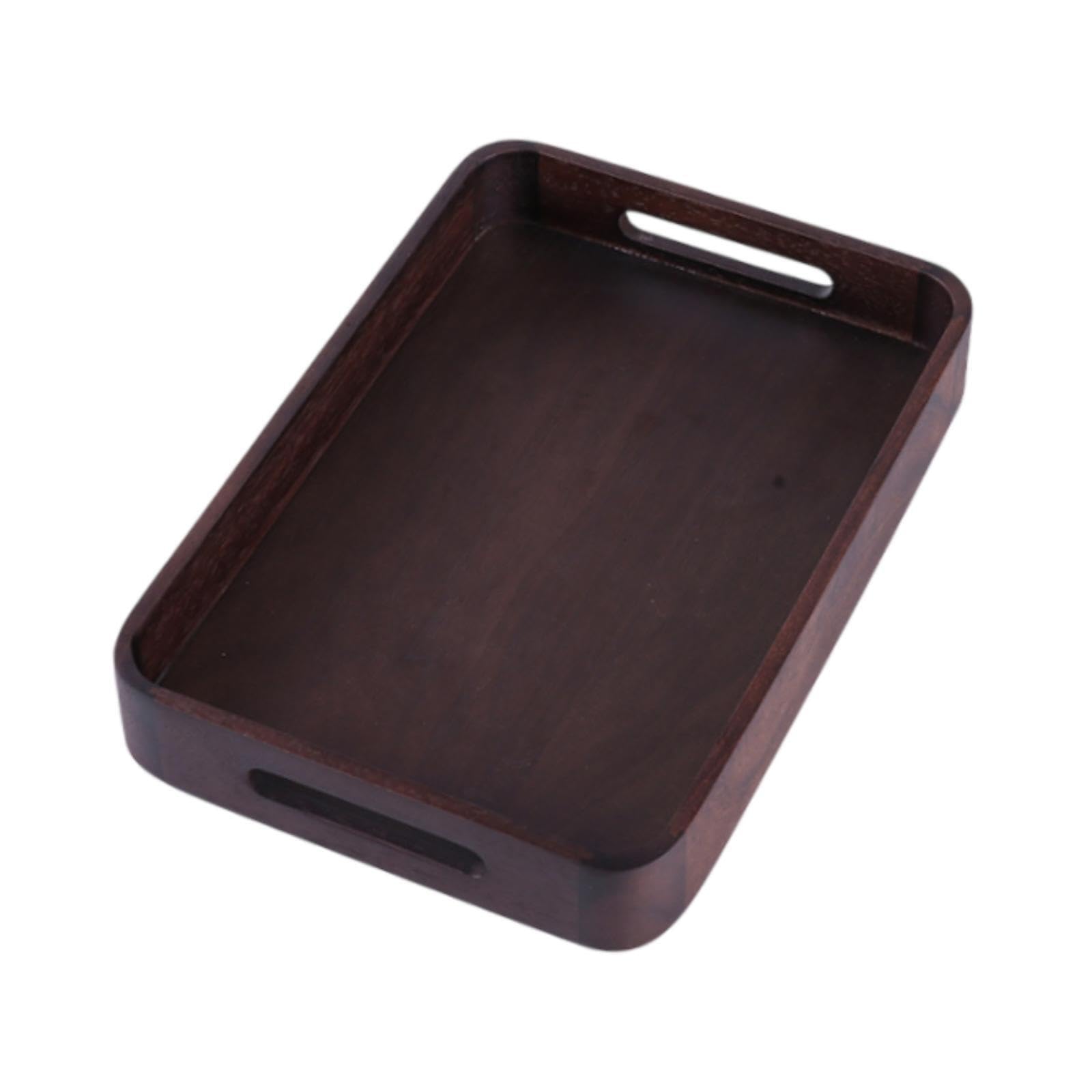 AMSLSIU Charming Rustic Rectangle Tray Decor Walnut Wooden Serving Trays With Cutout Handles Stylish Serving Solution At Home Coffee Table Tray Accessory, Dark Brown, S