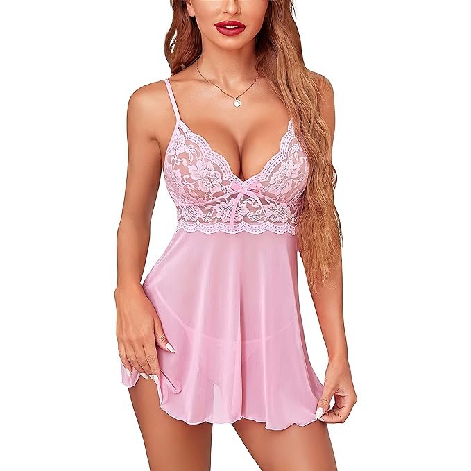 Lace Babydoll Lingerie for Honeymoon, Babydoll Night Wear for Women Pink-image-19