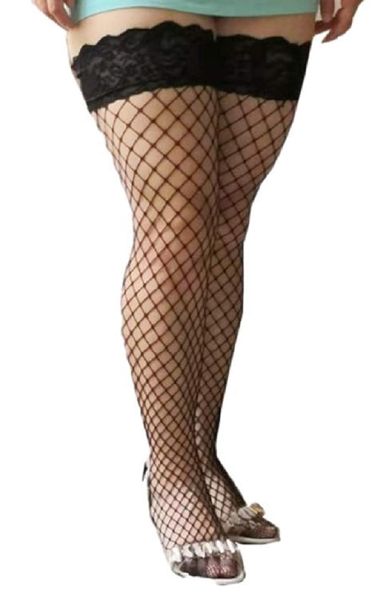 [ロカロカ] 大きいサイズ 網タイツ 2足セット ニーハイ レース ガーター ストッキング 男性 メンズ コスプレ (黒/黒, 網目大)