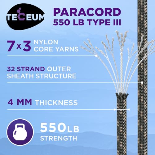 Image of TECEUM 5 /32 inch Paracord Rope 1000 - 1000ft / 200ft / 100ft / 50ft - Tactical Parachute Cord 4mm - 45+ Colors - Nylon String for Survival & Camping Gear - Stripe Cord for Survival - Utility Rope