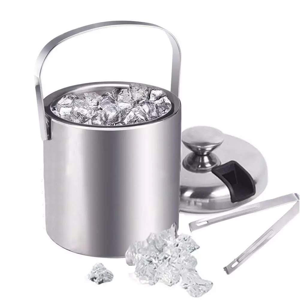Recipiente de Acero Inoxidable de 1300 ml, Cubo de Hielo de Doble Pared, Recipiente para Hielo con Tapa de Pinzas, Abrazadera, Barra de Aislamiento térmico, Herramientas