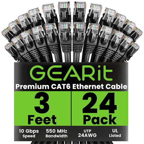 GEARit Cat 6 Ethernet Cable Pack - 24-Pack 3 ft Cat6 Ethernet Patch Cables | RJ45 Network Patch Cable, 10 Gbps Snagless Gold-Plated Connectors - Ethernet Cable Cat 6 for PC, TV, Router - Black
