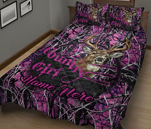Custom Country Girl Love Deer Hunting Pink Pattern Personalized Name Quilt Blanket & Pillowcases, Quilts Bedding Set & Pillow Cover, King Queen Double Twin Throw Full Size Bedspread Bed Sets #TOP3