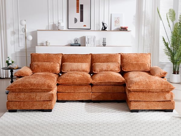 GNIXUU 110" Sectional Sofa Cloud Couch for Living Room, Modern Chenille U Shaped Couch, Comfy Modular Sofa Sleeper with Double Chaise & Memory Foam(Orange)
