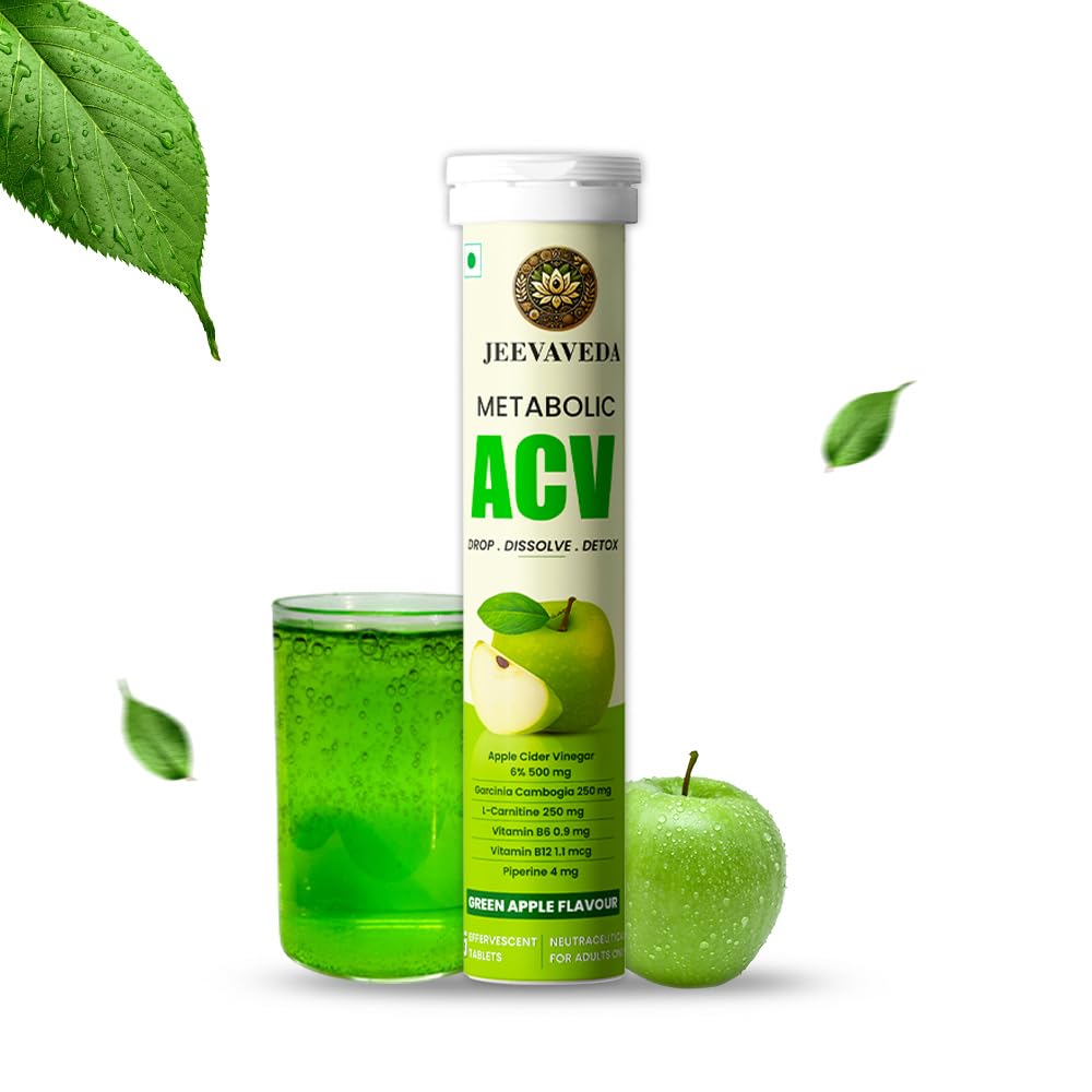 Jeevaveda Apple Cider Vinegar Effervescent Tablets – Refreshing Green Apple Flavour – Supports Detox, Control Craving & No Added Sugar – Pack of 15