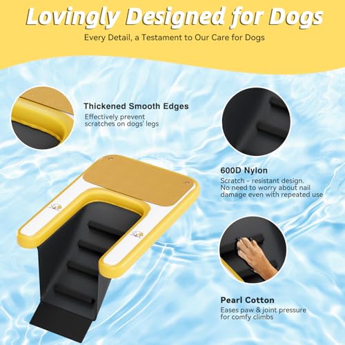 Inflatable Dog Pool Water Boat Ramp Claw-Friendly Dog Safety Ramps with Platform On Water Ladder Steps, Puncture-Resistant Surface Maximum Load 50lbs, Non-Slip EVA Float for Pool, Lake, Dock & Seat
