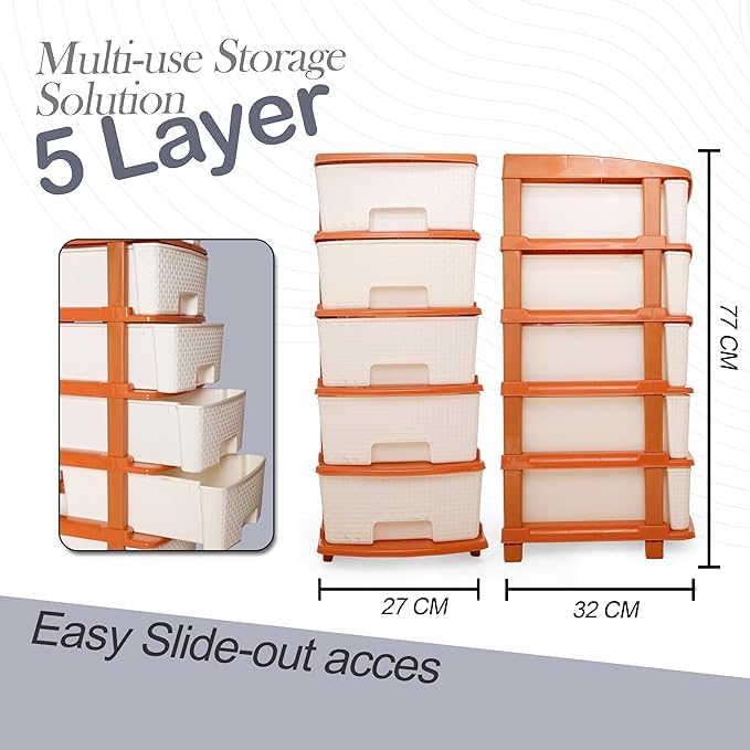 Image of KITCHIVO Plastic Modular Drawer Storage Chest Of Drawers Organizer Storage Box, Large Stomo Racks For Multipurpose Anti-slip Shoes Organizers (White & Golden, 5 Layer)
