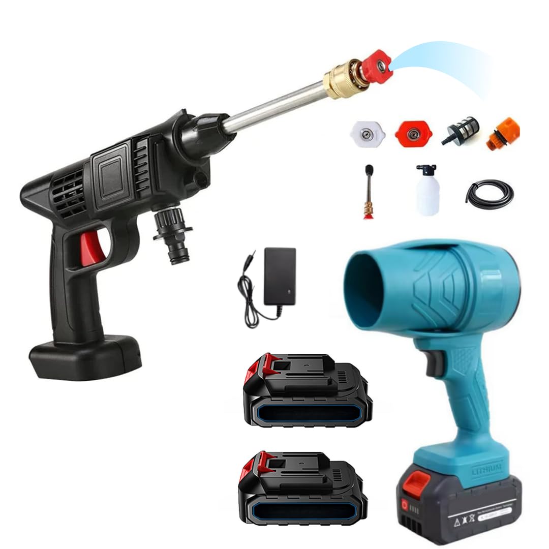 Mini soplador a batería para hojas con turbocompresor e hidrolimpiadora a batería potente, velocidad del aire hasta 126 km/h, equipado con 2 baterías de 48 V 3000 mAh (soplador e hidrolimpiadora)