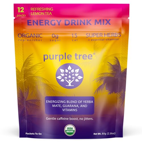 Image of purple tree Organic Energy Stick Packets - Zero Sugar, 80mg Natural Caffeine from Yerba Mate & Guarana, with B12 Vitamins for Smooth, Crash-Free Energy - Lemon Iced Tea Flavor, 12 to-Go Packs