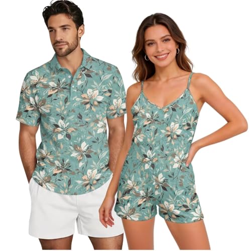 INSTANTARTS Ink Painting Flower Matching Couple Outfits Short Sleeve Shirt for Men Breathable Beach Tops or Women's Shorts Jumpsuit Spaghetti Strap Overalls V Neck with Pockets