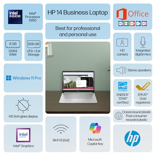 Image of HP Ultrabook 14 Laptop Computer Business Study & Home 2025, Lifetime MS Office + Windows 11 Pro, Quad-Core Intel CPU, 8GB RAM & 628GB Storage (128GB UFS+500GB Ext), Wi-Fi 6, HubxcelAccessory, Geeen