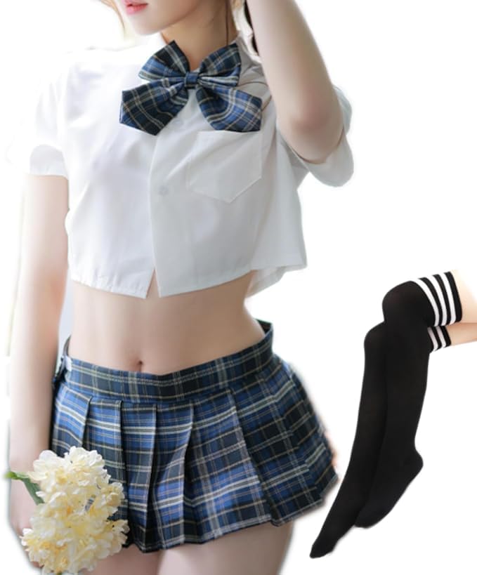 [MOPCONY] セーラー服 コスプレ 上下セット ソックスセット シャツ リボン JK ミニスカ 女子高生 半袖 コスチューム コスプレ衣装 セクシー 可愛い 婦人服 [並行輸入品]