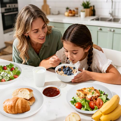 Image of Wheat Straw Plates and Bowls Sets of 16，Unbreakable Dinnerware Sets for 4, Microwave & Dishwasher Safe Kids Dish Set for Kitchen, Outdoor, Camping, Party, RV- White