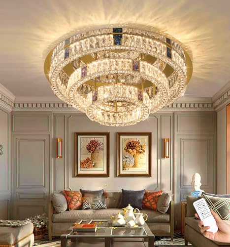 IDEQUY Modern 32in Crystal Ring Chandelier LED Gold Ceiling Light