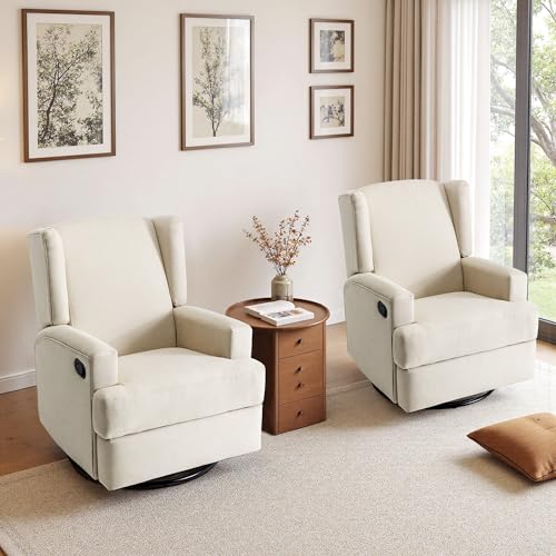 Image of Swivel Rocker Recliner Chairs Set of 2, 360 Swivel Wingback Recliner Chairs for Adults, Upholstered Glider Rocking Chair with High Back, Deep Seat for Living Romm Bedroom, Cotton Linen, Beach