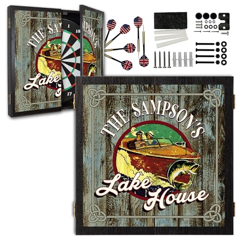 Personalized Wooden Dartboard Cabinet Set with 6 Steel Tip Darts, 181