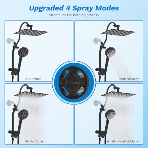 Image of Hibbent High Pressue All Metal 12 inch Rainfall Shower Head, Handheld 10-Spray | cUPC Certified Oil-Rubbed Bronze Dual Showerhead Combo, 4-way Diverter with Pause Mode, Extension Arm, 71'' Hose & Holder
