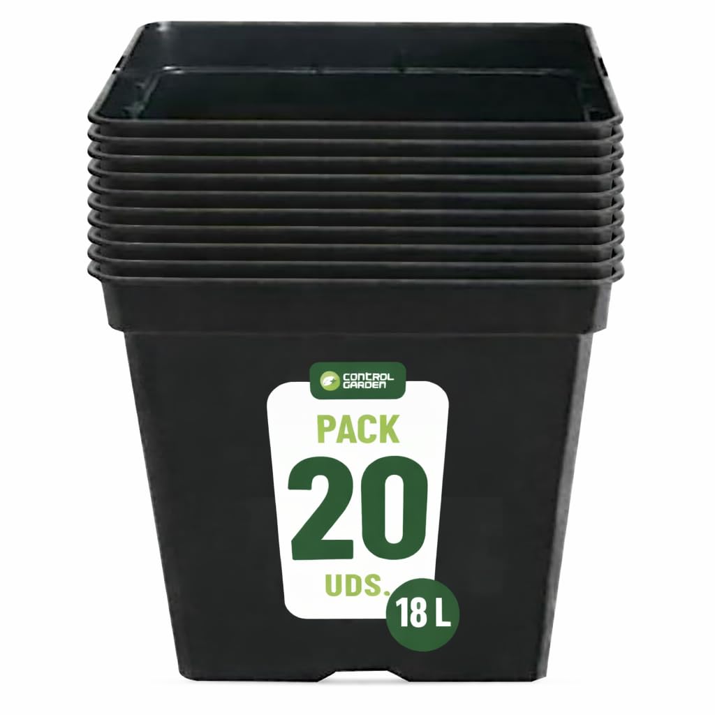 GROWMANIA Pack 20 Macetas Cuadrada para Plantas Negra 18L - Cinco Maceteros de Plástico para Flores 30x30x30 cm