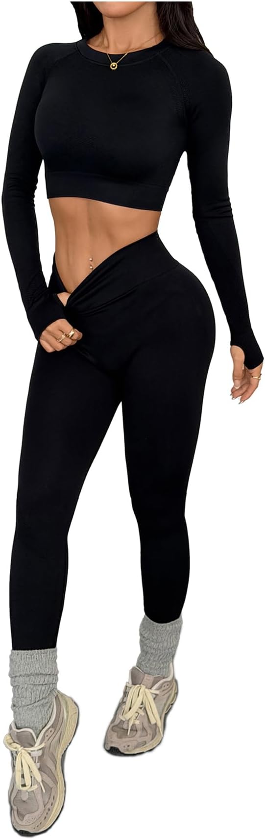 Women's 2 Piece Sports Outfit Solid Cut Out Back Long Sleeve Crop Top and Leggings Set Activewear
