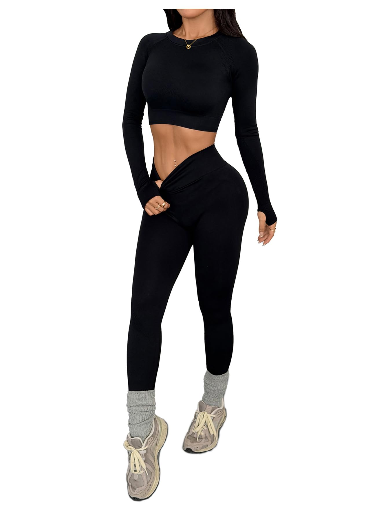 SweatyRocks Womens 2 Piece Sports Outfit Solid Cut Out Back Long Sleeve Crop Top and Leggings Set Activewear