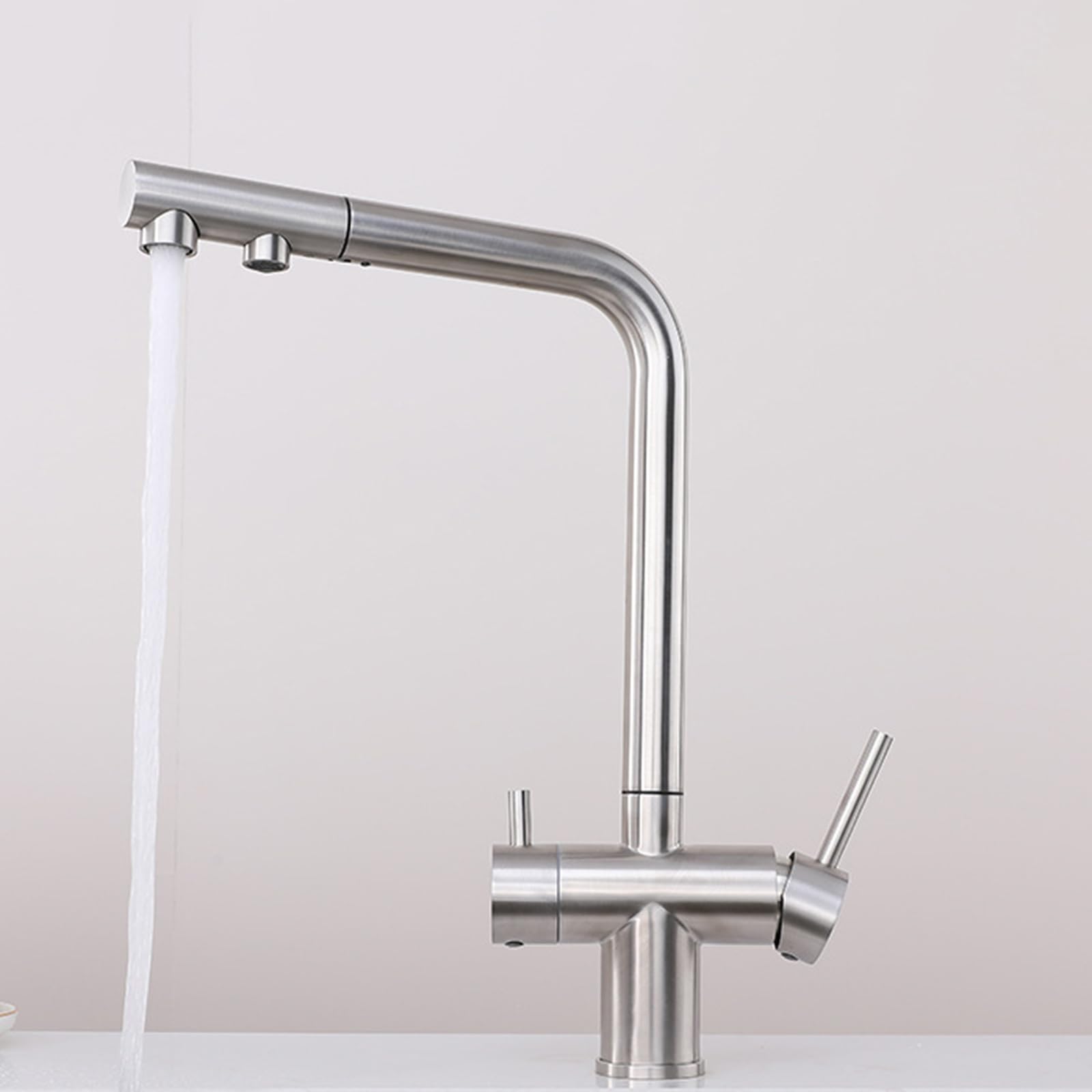 Grifo de Cocina Osmosis 3 Vias Extraible Doble Manija Giratorio de 360 ° Acero Inoxidable-Cepillado