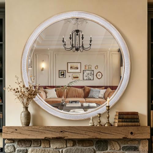 Image of 30 Inch Round Mirror, Rustic Farmhouse Circle Mirrors for Wall Decor | HD Tempered Glass, Over-sink Accent, Warm Wooden Look, Decorative Style for Living Room, Foyer, Entryway, Bathroom
