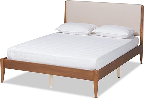 Baxton Studio Lenora - Cama de plataforma de tamaño matrimonial con tapizado de tela beige de mediados de siglo y acabado marrón nogal