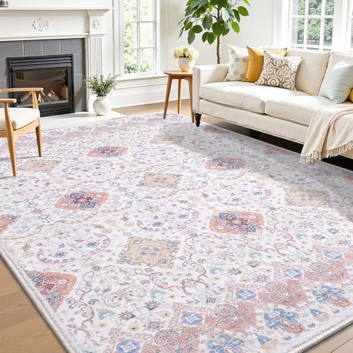 5x7 Area Rugs for Living Room, Bedroom - Machine Washable, Non-Slip Bedside Rug, Large Soft Floor Carpet for Office, Dining Room, Farmhouse and Home Decor, Charm/Beige