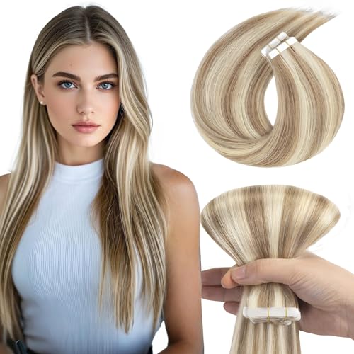 Loxxy Tape in Hair Extensions Real Human Hair Blonde Highlights #6 Medium Brown Highlighted #60A Platinum Blonde Tape in Hair Extensions Double Sided Skin Weft 20pcs 50g 18 Inch