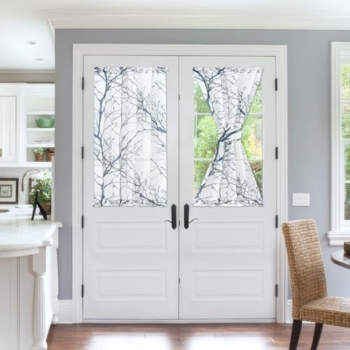 Image of FMFUNCTEX Sheer French Door Curtains 40 Inch Long Blue White Semi-Sheer Patio Half Door Panel Branch Tree Print Curtains with 1 Tieback 50 Inch Wide 1 Panel