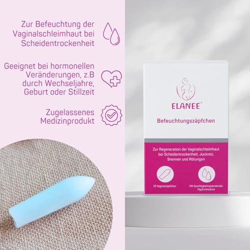 ELANEE Befeuchtungszäpfchen [10 Zäpfchen] Vaginalzäpfchen bei Scheidentrockenheit, Juckreiz & Brennen, mit feuchtigkeitsspendender Hyaluronsäure, hormonfrei (737-00)