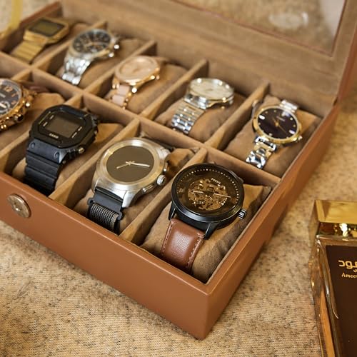 Image of Leather World Faux Leather Watch Box Organizer For Men & Women - Wrist Watch Box Holder 10 Slots - Removable Pillows Display Case - Gift for Loved Ones - Tan
