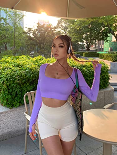 Oqq Women's 2 Piece Crop Top Ribbed Seamless Workout Exercise Long Sleeve Crop Tops Black Purple #TOP2